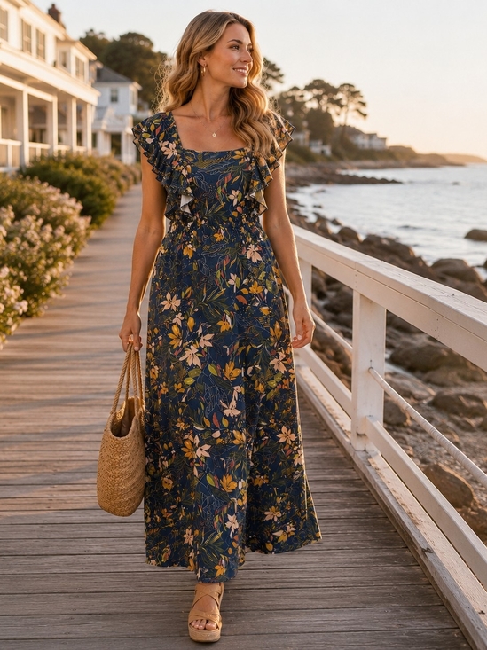 Garnet Hill Dresses & Skirts - Garnet Hill Floral Maxi Dress M Flutter Sleeve Boho Romantic Resort